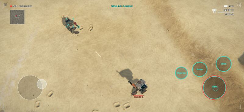 Two mechs and their tracks on the sand of the desert, seen from the drone