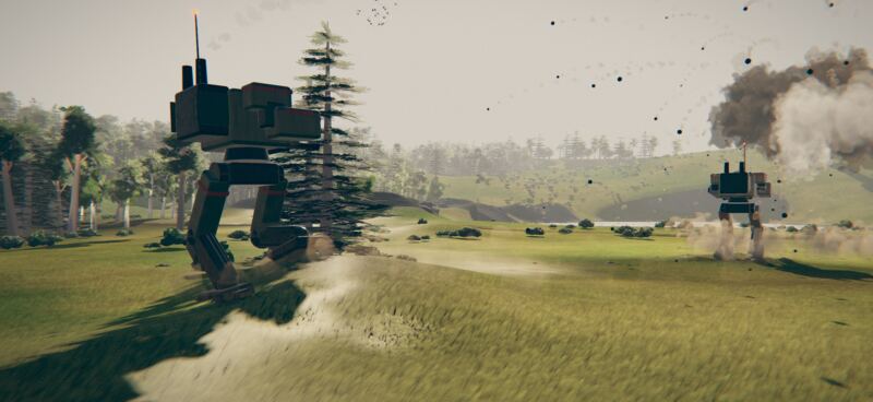 Two mechs face off across a hill, a salvo of rockets in the air
