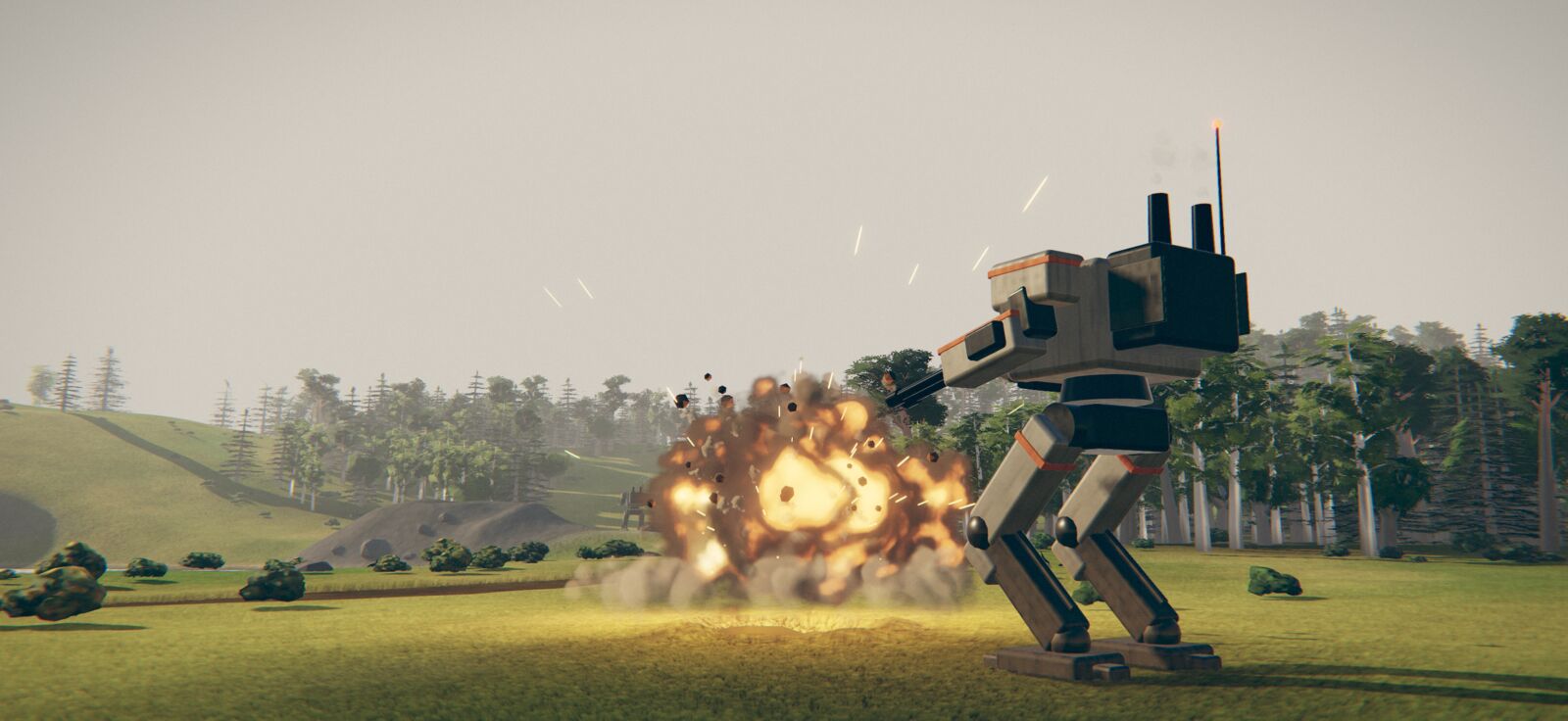 A walking mech in a meadow fires its cannon, a blast going off at its feet
