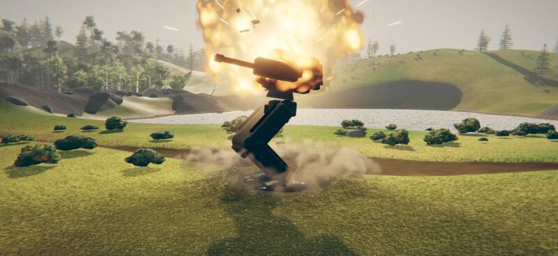 A mech's torso blows apart over its legs by a lake
